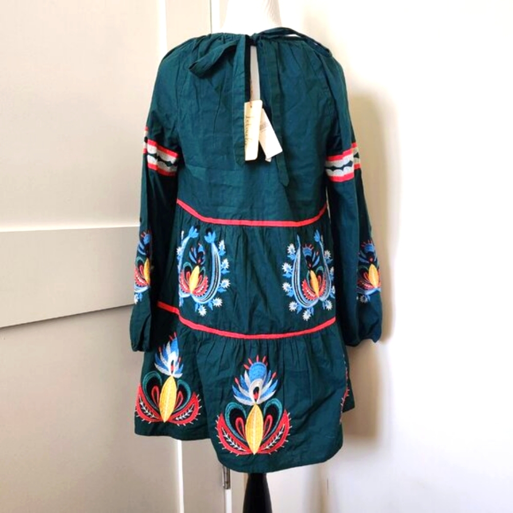🎉HP🎉NWT Anthropologie Green/pink embroidered long-sleeved baby doll dress Size S - Picture 2 of 4